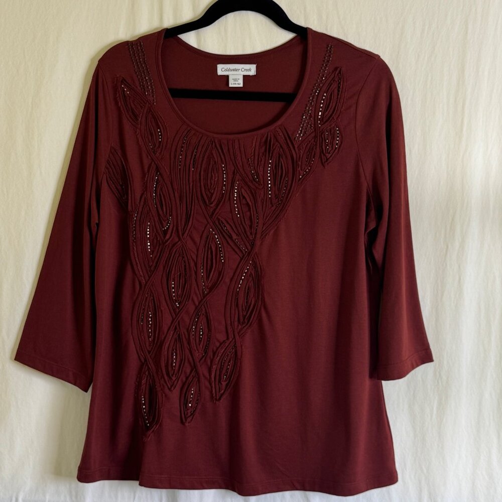 Women's Coldwater Creek Maroon Top with Sequence Bling 3/4 Sleeve Size L (14-16)
